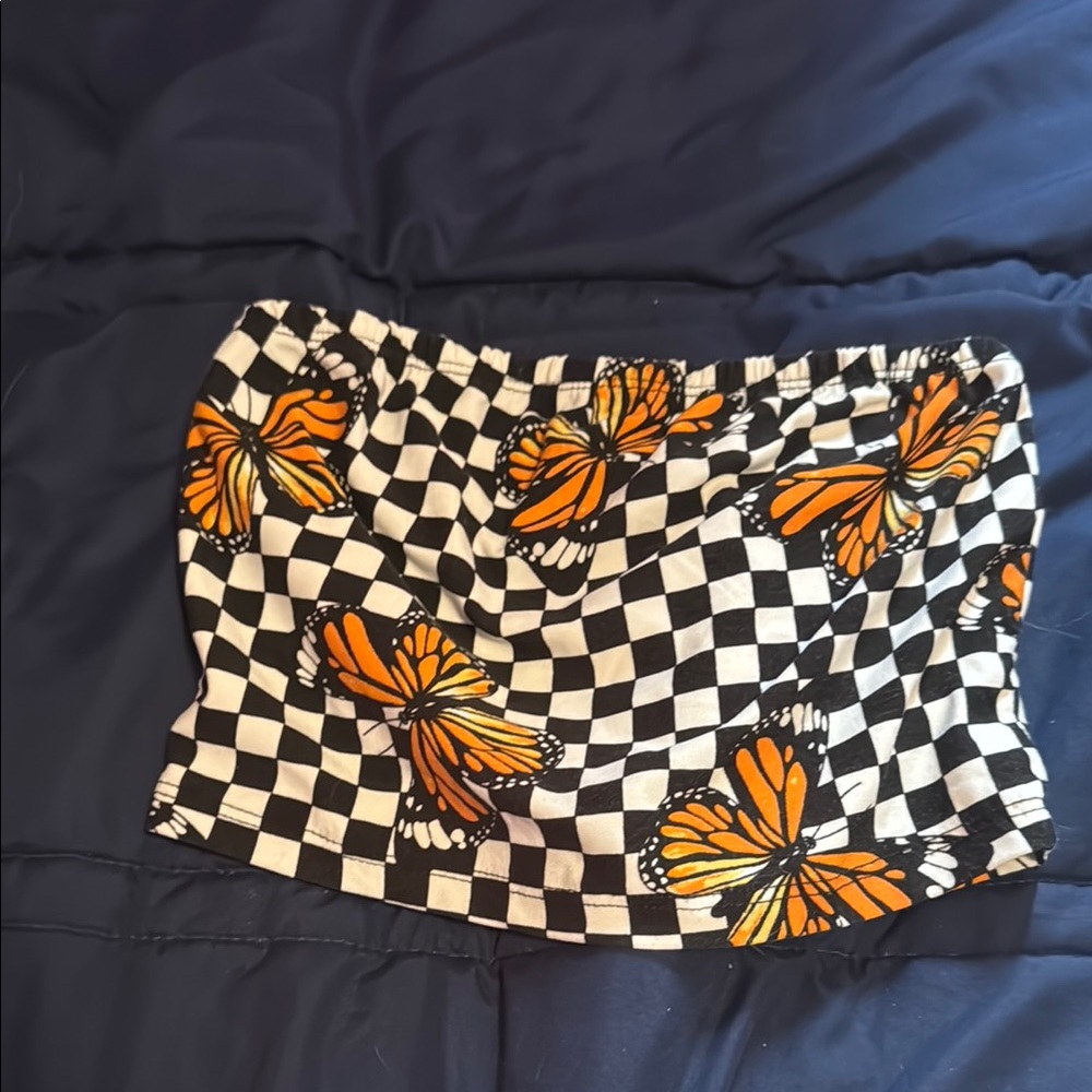 SHEIN Black and White Checkered Tube Top with Orange Butterflies